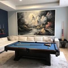 Pool table room with a white sofa with a pool table and wall decor painting. - obrazy, fototapety, plakaty