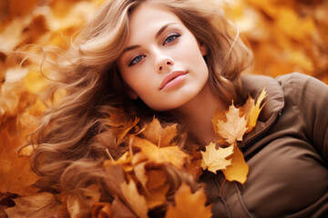 Beautiful fashion model woman face on autumn leafs, brunette girl