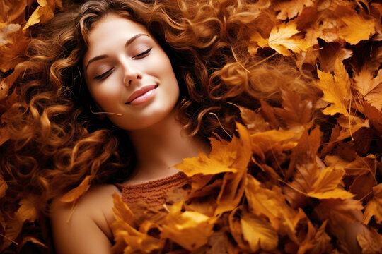 Beautiful fashion model woman face on autumn leafs, brunette girl