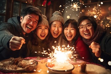 Fototapeta premium Group of happy Asian friends in warm clothes and playing fireworks outdoor party in winter.