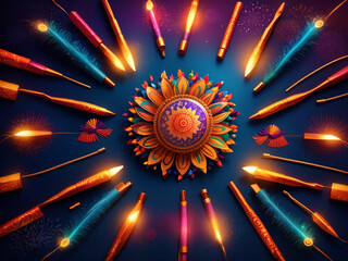 diwali crackers background with diya