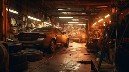 An auto repair shop garage as car mechanics work their magic on a vehicle