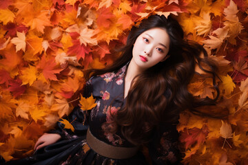 Obraz na płótnie Canvas Japanese fashion model woman face on autumn leafs, long hair