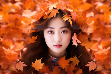 Obraz na płótnie Canvas Japanese fashion model woman face on autumn leafs, long hair