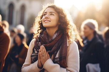 Hand clasped woman is praying in church with sunshine flare effect