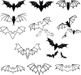 Set of halloween flying bats, collection of isolated flying bats