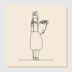 Continuous one line drawing of chef woman holding paper bag of fresh vegetable and fruit. One line concept of healthy life style. Single line of shopping fresh vegetable and fruit. vector illustration