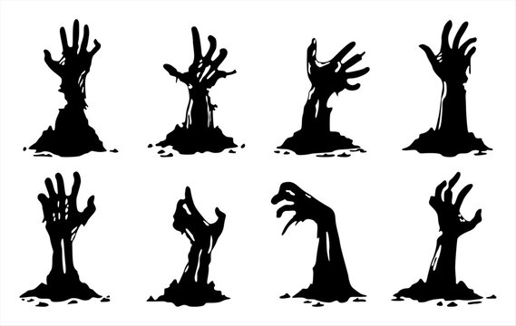 Halloween hand silhouette. Collection of zombie hand vector. Creepy zombie crooked lambs stick out of graveyard ground set vector illustration. Elements for halloween posters and design projects.