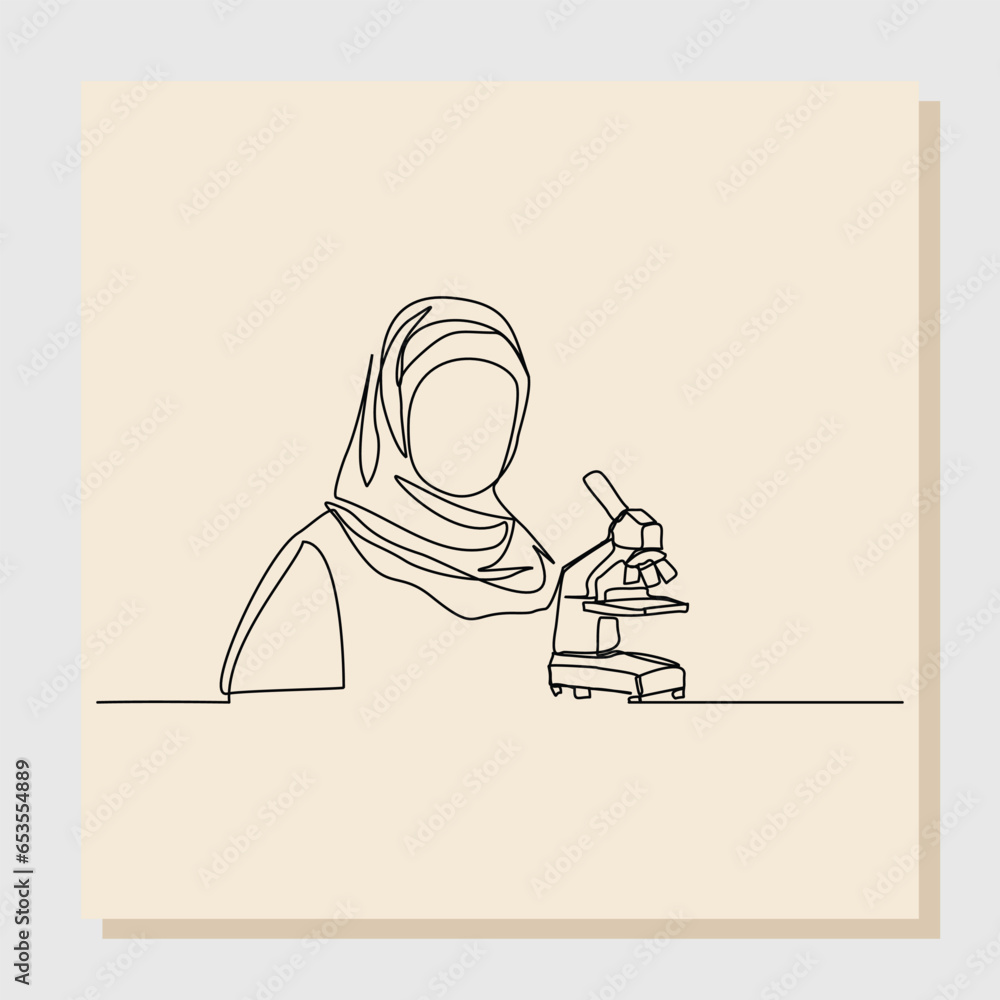 Wall mural continuous single line sketch drawing of female scientist analyze using microscope in laboratory. on