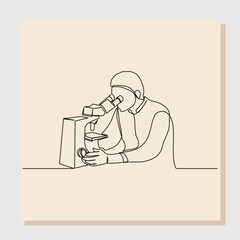 Continuous single line sketch drawing of male scientist analyze using microscope in laboratory. One line concept of science work space. Vector illustration