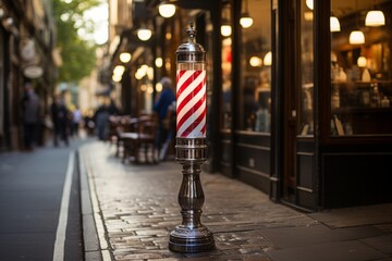 Classic barber shop pole spinning outside a charming barbershop, Generative AI - obrazy, fototapety, plakaty