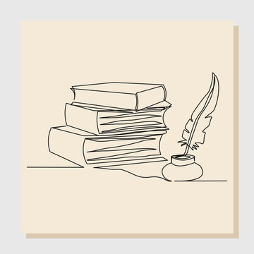 Continuous single line sketch hand drawn drawing of quill pen ink and stack of book. One line art concept of vintage brush pen signature and lettering. Vector illustration