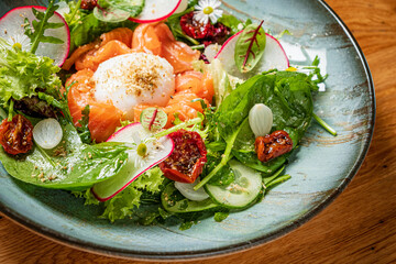 salted salmon with spinach and poached egg