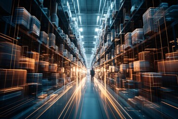 a vast storage facility, forklifts and workers move in orchestrated harmony. Their swift paths are transformed into ghostly trails, showcasing the dynamic pulse of everyday logistics