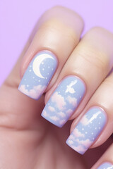 Woman's long fingernails with pastel colored sky with clouds, moon and stars design nail polish