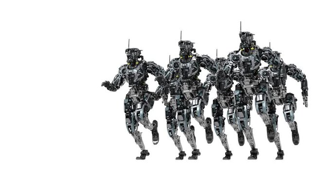 robot squad, cyborgs, synchronous movement, running motion, background for music, 3d render
