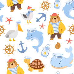 Seamless childish nautical pattern with cute sailor bear, seagull and dolphin. Funny vector characters on white background