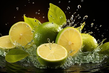 Vibrant lemon water splash with green leaves in stunning black background photography for citrus enthusiasts