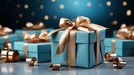 Gift box with satin ribbon and bow on blue background with copy space