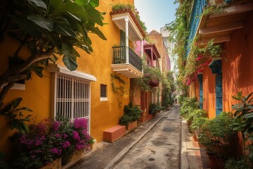 Fototapeta na wymiar Vibrant street in Cartagena's historic district, Colombia. Generative AI