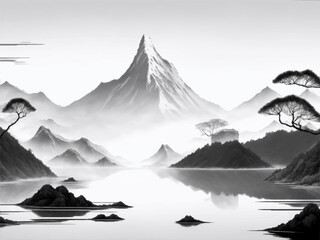 Watercolor and ink illustration of chinese landscape with pagoda and mountains in style sumi-e, u-sin. Traditional asian architecture. Oriental traditional painting.