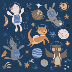 Set of cute animals in space. Vector illustration for nursery and textile decoration