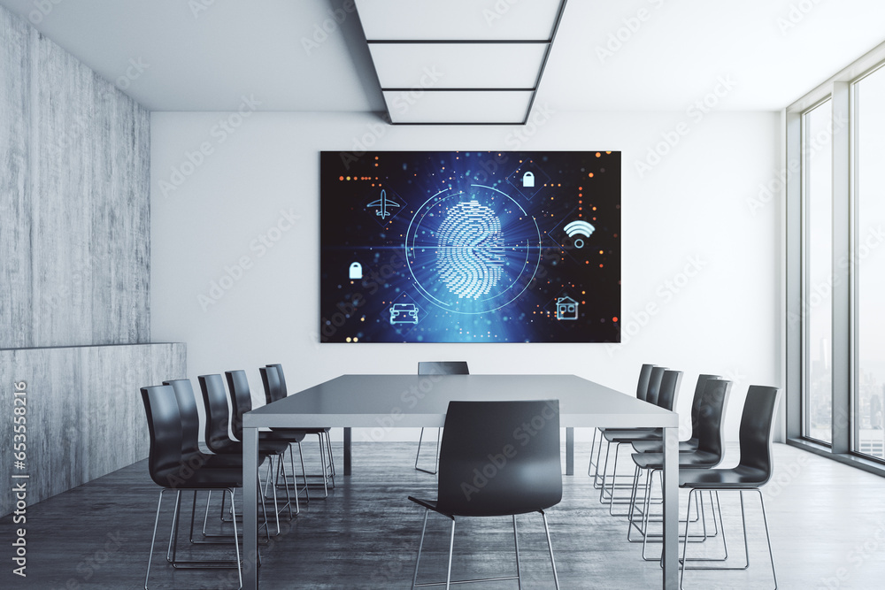 Poster abstract creative fingerprint hologram on presentation tv screen in a modern meeting room, research 