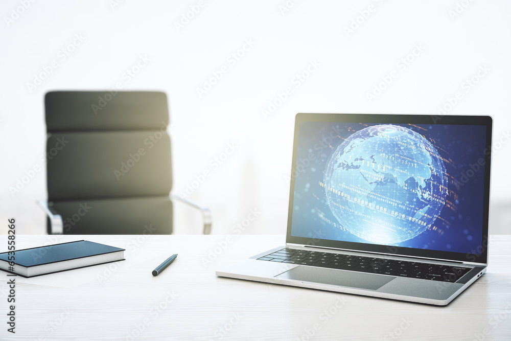 Aufkleber Abstract creative coding concept with world map on modern laptop screen. 3D Rendering