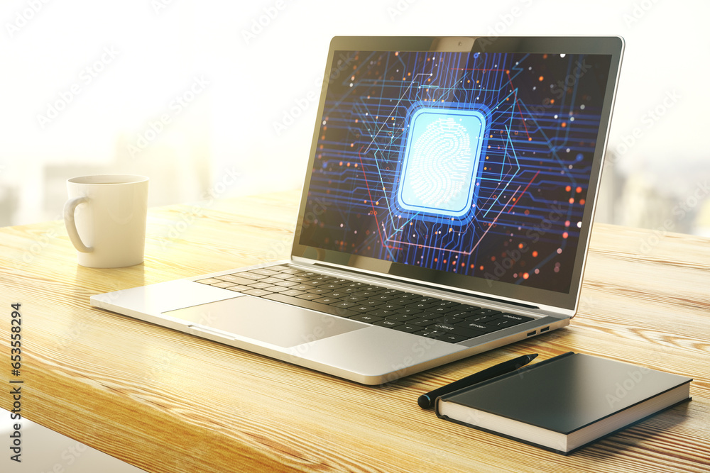 Poster abstract creative fingerprint concept on modern laptop screen. 3d rendering