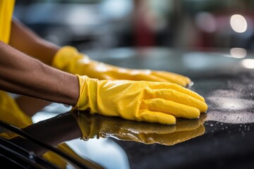 Close-up African American professional worker cleaner male specialist man gloved hands gloves washing cleaning car automobile wiping wash automotive transportation mechanic antiseptic disinfection - obrazy, fototapety, plakaty