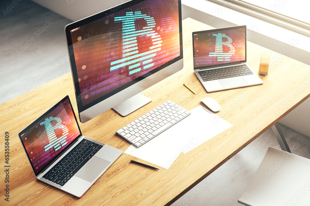 Poster Modern computer display with creative Bitcoin symbol hologram. Mining and blockchain concept. 3D Rendering