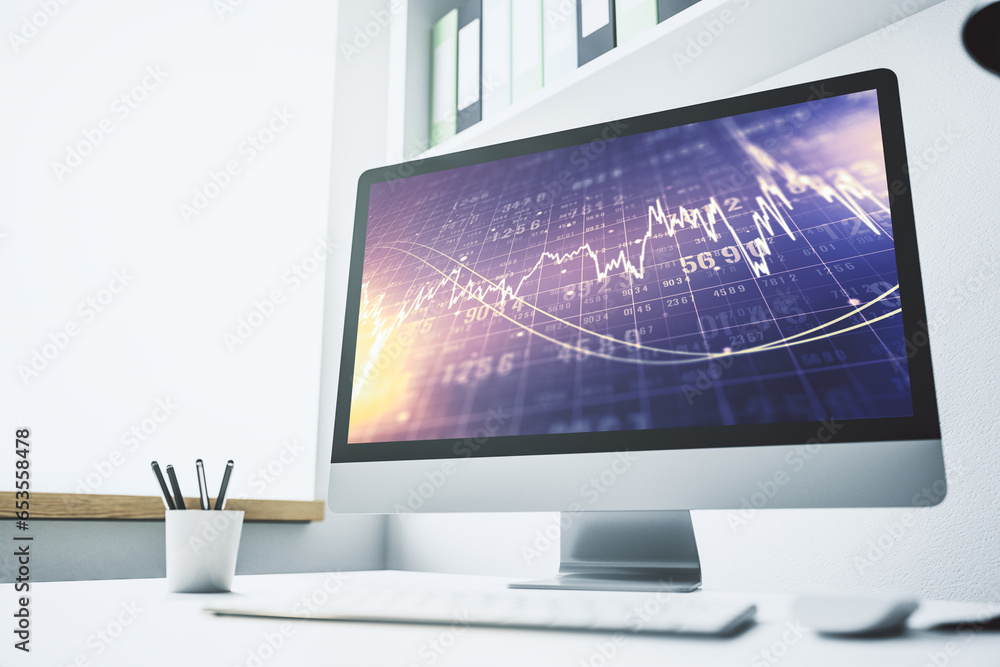 Poster modern computer screen with abstract creative financial chart, research and analytics concept. 3d re