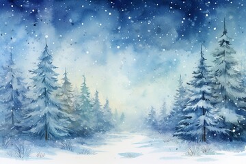 Watercolor snowing Pine Mountain forest