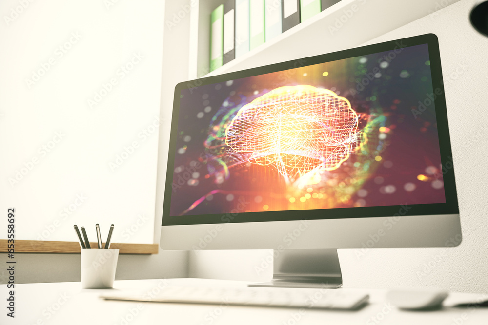 Poster creative artificial intelligence concept with human brain sketch on modern laptop monitor. 3d render