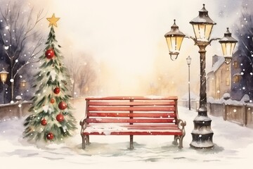 Obraz premium Christmas Night Outdoor Park Xmas Tree Wood Bench Street Lamp