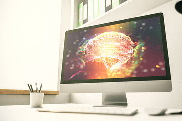 Creative artificial Intelligence concept with human brain sketch on modern laptop monitor. 3D Rendering