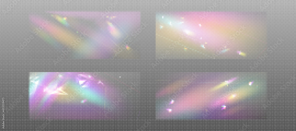 Poster prism rainbow light with flare effect background. crystal glass overlay texture with diamond iridesc