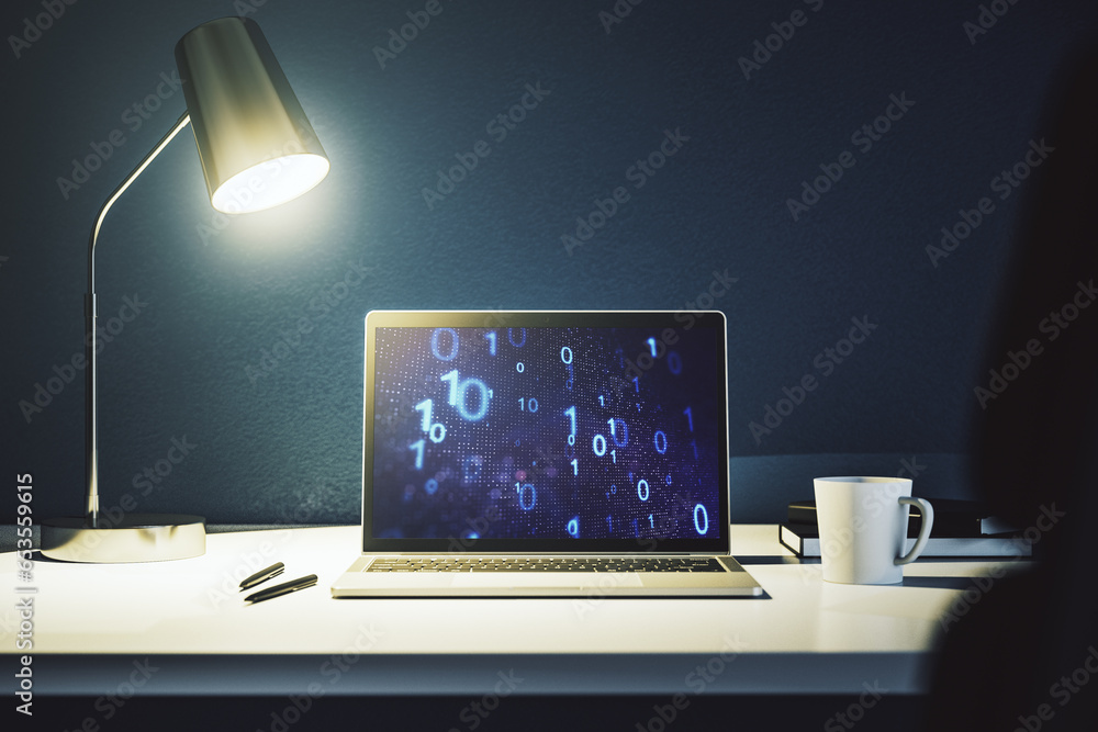 Fototapete modern computer monitor with creative abstract binary code hologram. database and programming concep