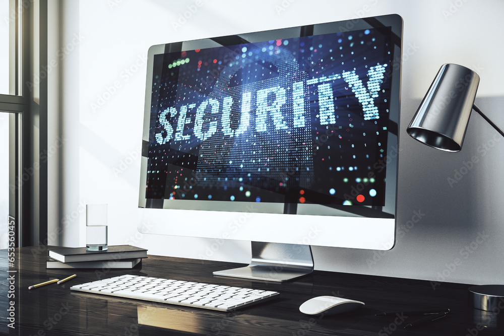 Poster cyber security creative concept on modern laptop monitor. 3d rendering