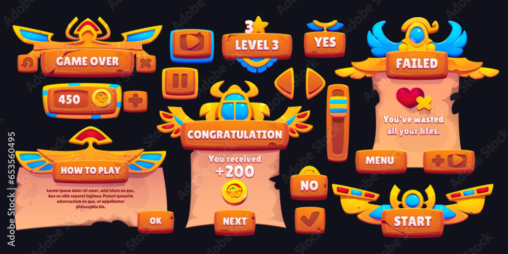 Poster egyptian ui game interface cartoon vector icon. egypt menu design element set with level frame, prog