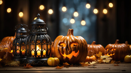 A Halloween-themed pumpkin and lantern arrangement on a rustic wooden surface
