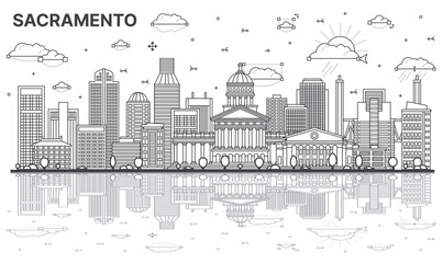 Fototapeta premium Outline Sacramento California city skyline with modern and historic buildings isolated on white. Vector illustration. Sacramento USA cityscape with landmarks.