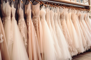 Many white wedding dresses hang on hangers in a bridal shop