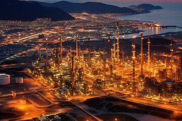 Fototapeta na wymiar Aerial twilight view of a massive industrial refinery complex for oil and gas. Generative AI