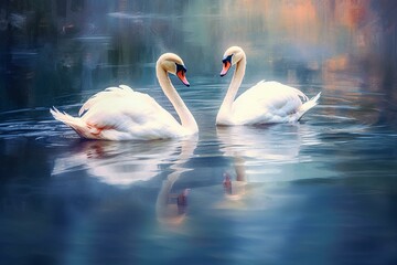 Stunning artwork featuring swans gracefully swimming in serene water. Generative AI