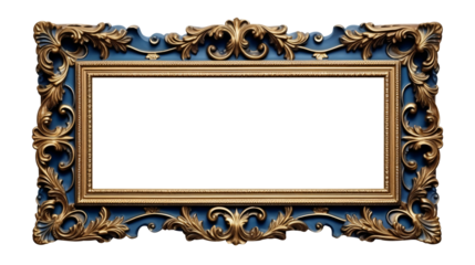 Blue carved wooden frame. Carved gilded frame on isolated background, Neoclassical full picture frame.