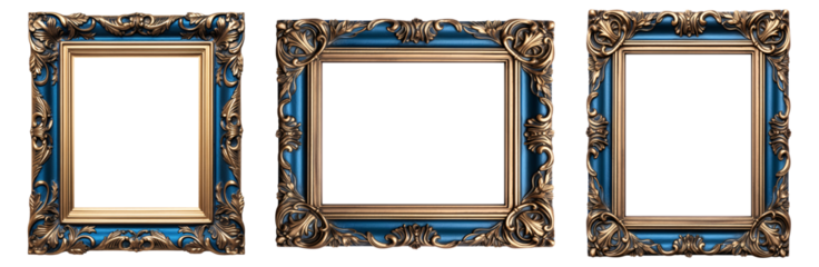 Blue carved wooden frame. Carved gilded frame on isolated background, Neoclassical full picture frame.