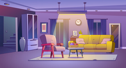 Living room interior at night in house with couch. Home apartment with light and furniture. 2d colorful indoor design for cozy american livingroom location with staircase. Evening game illustration