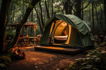 Tent Amidst the Wilderness: Camping Bliss in a Verdant Forest with Towering Trees