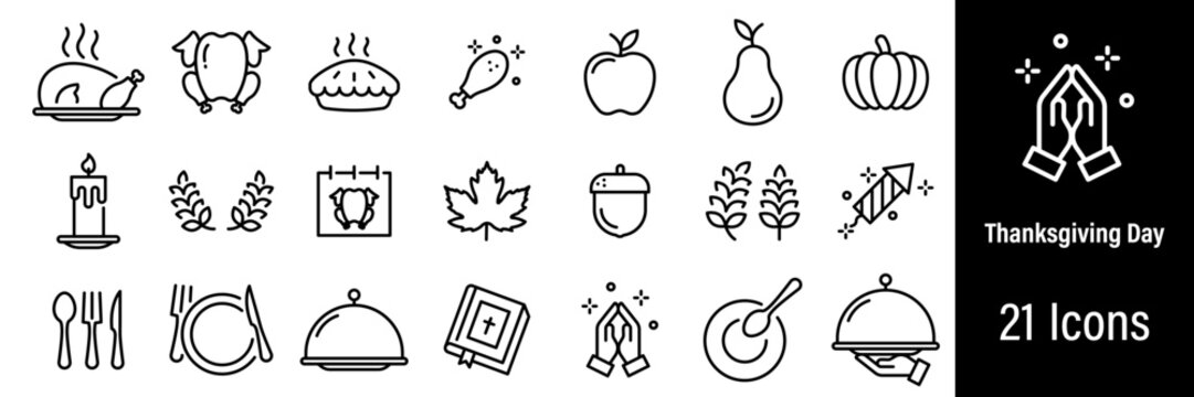 Thanksgiving day Web Icons. Pray, Turkey, Autumn, Pumpkin, Cutlery. Vector in Line Style Icons